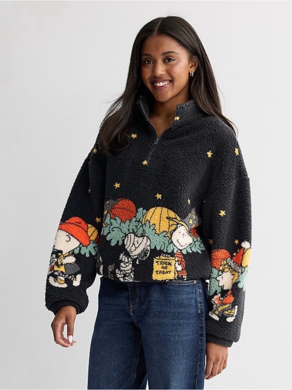 Peanuts Black Sherpa Turtleneck Sweater with Halloween Graphic